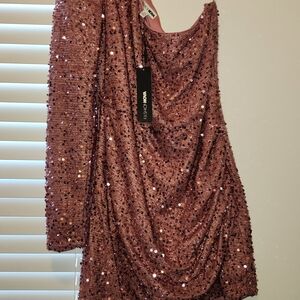 Fashion Nova One Shoulder Rose Sequin Dress